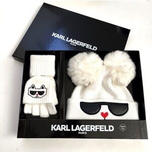 Karl Lagerfeld White Fingerless Gloves & Hat with Cat Design  New in Box